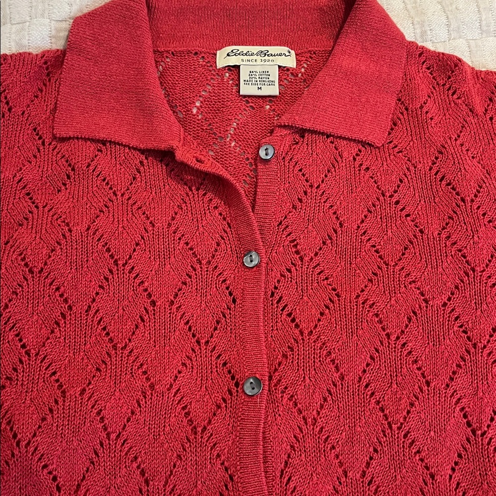 Eddie Bauer Raspberry Open Knit Collared Cardigan